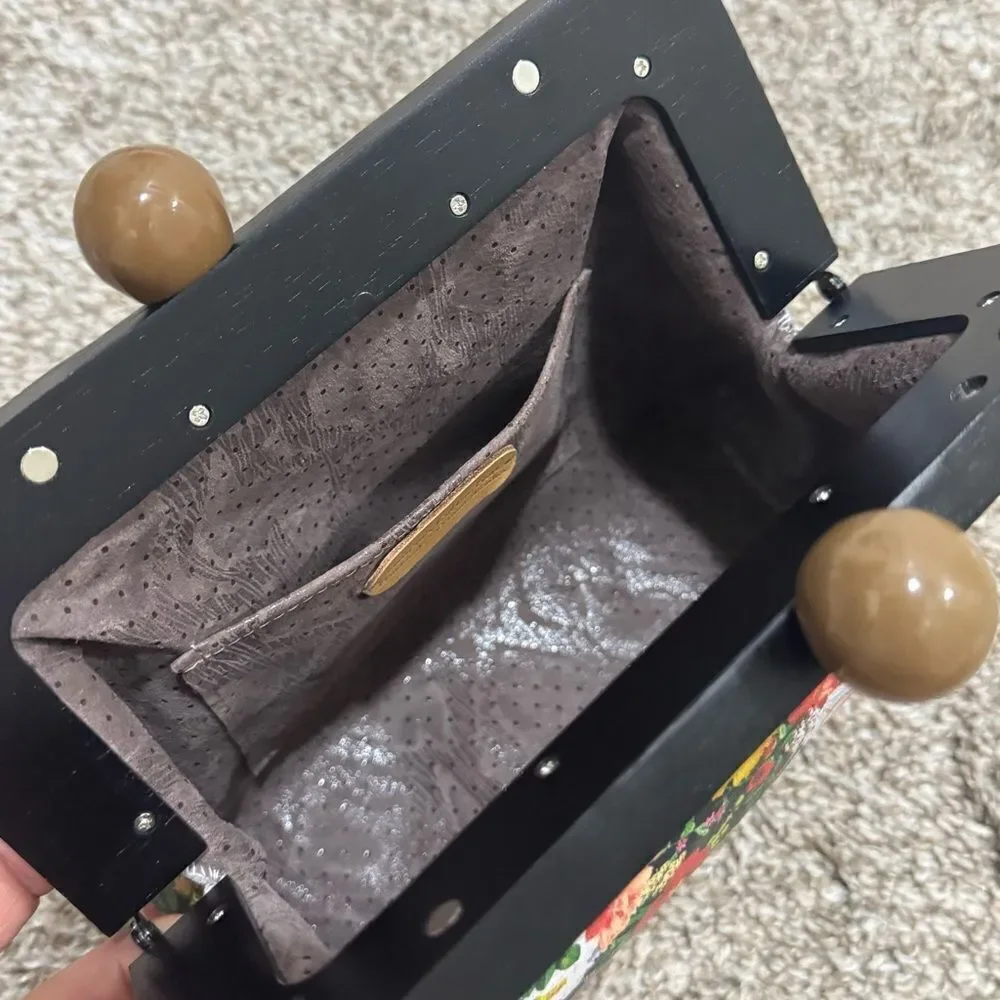 Floral Print Cowhide Leather Handmade Wooden Frame Clutch Bag/Crossbody